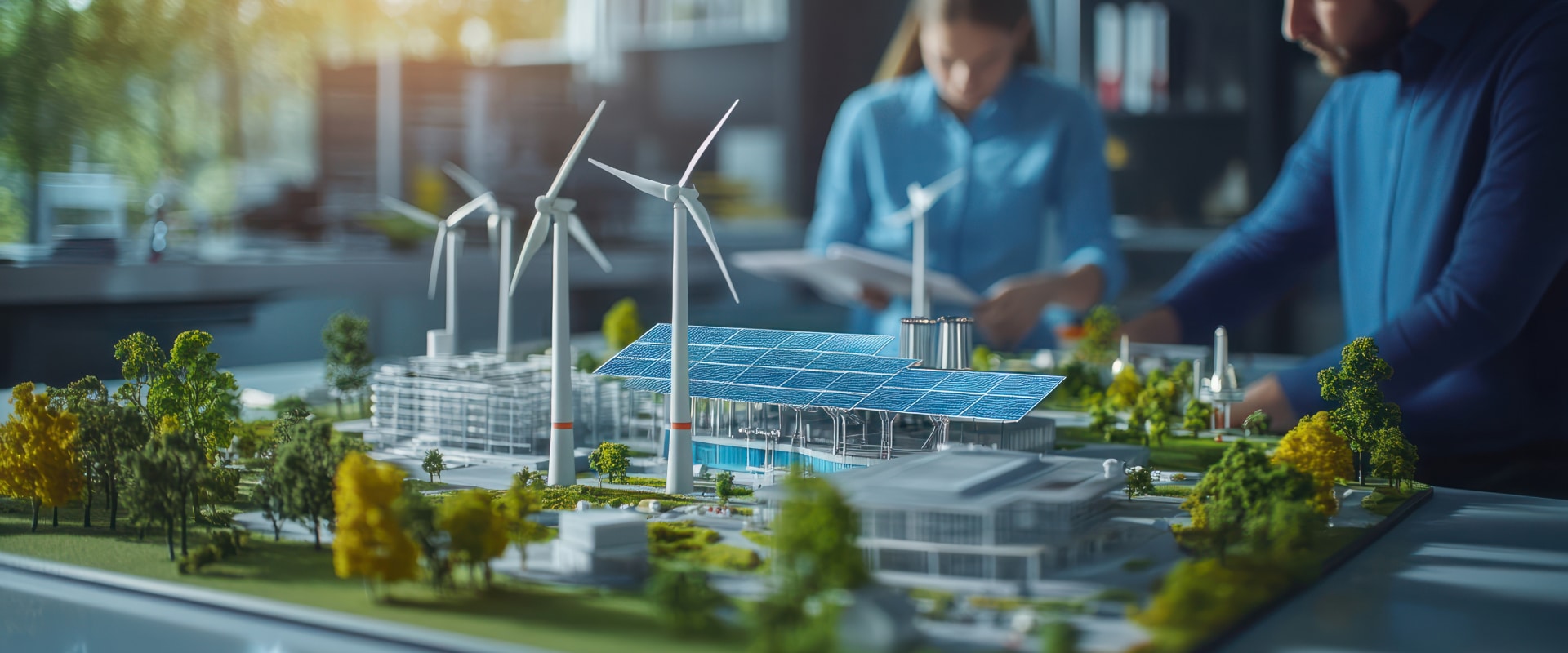 Maquette de ville durable intégrant éoliennes et panneaux solaires. Deux experts examinent le projet d'urbanisme écologique.