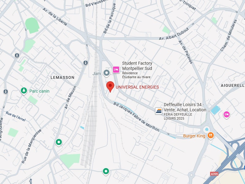 Carte Google Maps de Montpellier centrée sur UNIVERSAL ENERGIES, proche de la gare Jam, Av. de Palavas et Bd Jacques Fabre de Morlhon.